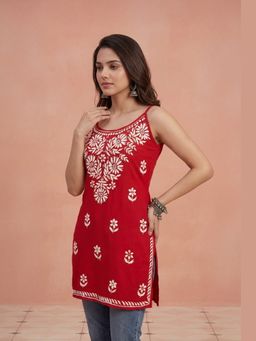 House of Chikankari - Red Rayon Short Printed Kurta