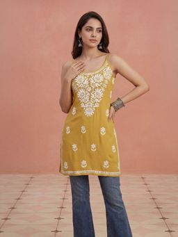 House of Chikankari - Mustard Rayon Short Chikankari Kurta