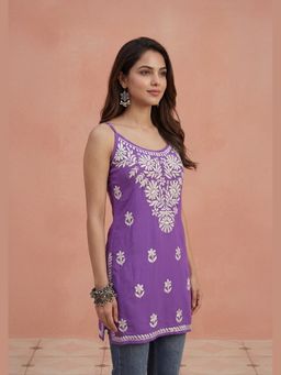 House of Chikankari - Purple Rayon Short Chikankari Kurta