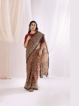 VASTRA RAAG - Maroon Kota Doria Bagru Hand Block Printed Saree with Ustitched Blouse