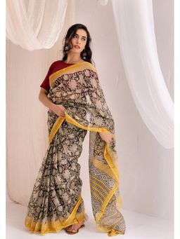 VASTRA RAAG - Yellow Kota Doria Bagru Hand Block Printed Saree with Ustitched Blouse