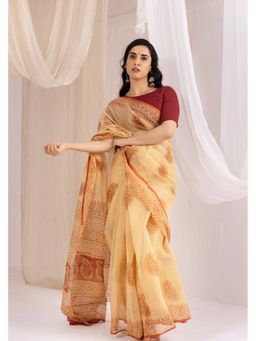 VASTRA RAAG - Yellow- Kota Doria Bagru Hand Block Printed Saree with Ustitched Blouse