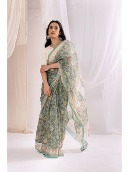 VASTRA RAAG - Green Kota Doria Bagru Hand Block Printed Saree with Ustitched Blouse