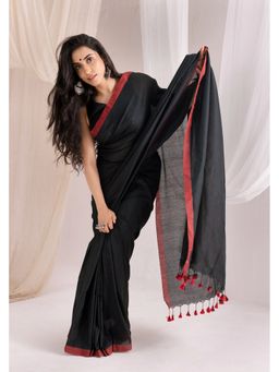 VASTRA RAAG - Black Handloom Contrast Color Border Pure Mul Cotton Saree with Ustitched Blouse
