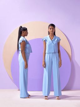 ETE - Viola Co-rd Set-air Blue Asymmetrical Pantsuit With Lace Sleeve (set Of 2)