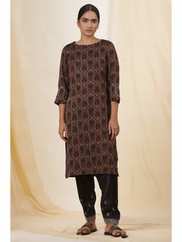 Folksong - Women Black Festive Printed Viscose Straight Kurta