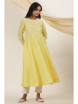Folksong - Women Yellow Festive Solid Cotton Flared Kurta