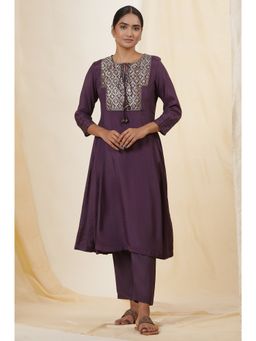 Folksong - Women Purple Festive Solid Viscose Flared Kurta