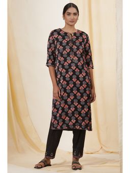 Folksong - Women Black Festive Printed Viscose Straight Kurta