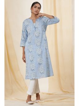 Folksong - Women Blue Printed Cotton Straight Kurta