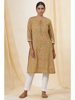 Folksong - Women Yellow Printed Cotton Straight Kurta
