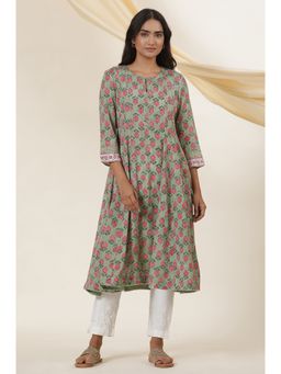 Folksong - Women Green Festive Printed Viscose Flared Kurta