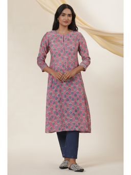 Folksong - Women Pink Festive Printed Cotton A-Line Kurta