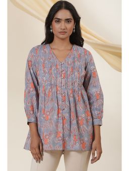 Folksong - Women Blue Printed Cotton Flared Top