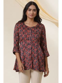 Folksong - Women Navy Blue Printed Print Viscose Flared Top