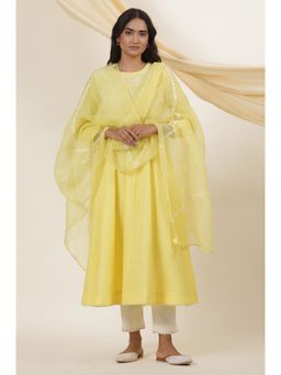 Folksong - Women Yellow Festive Embroidered Silk Dupatta