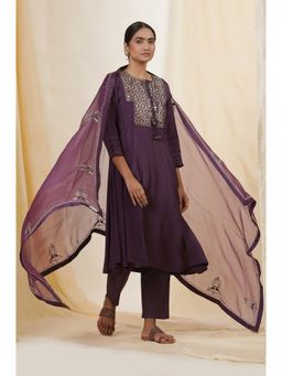 Folksong - Women Purple Festive Embroidered Silk Dupatta