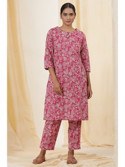 Folksong - Women Pink Printed Cotton Straight Kurta & Straight Pant (Set Of 2)