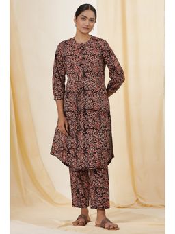 Folksong - Women Black Floral Print Cotton Straight Kurta & Straight Pant (Set Of 2)