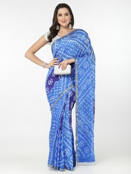 KISHORI - Women Silk Bandhani and Zari Weaving Saree with Unstitched Blouse - Blue