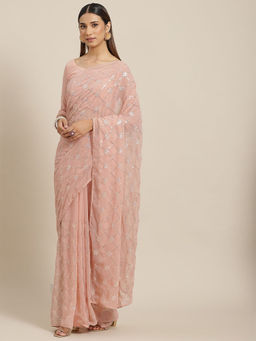 Odette - Peach Sequence Embroidered Georgette Saree with Unstitched Blouse