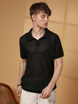 Campus Sutra - Men Raven Black Textured-Knit Polo T-Shirt