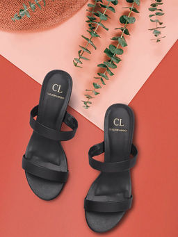 Carlton London - Women Elegant Double Strappy Black Sandal Heels