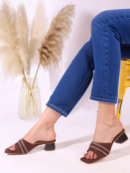 Carlton London - Women Modern Stitch Suede Brown Block Sandal Heels