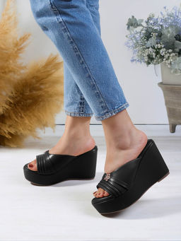 Carlton London - Women Elegant Floral Detail Slip-On Black Wedges Heels