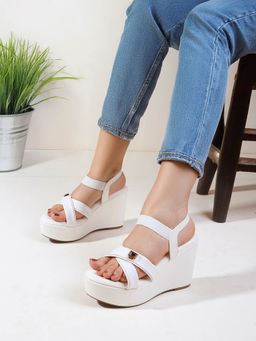 Carlton London - Women Crisscross Chic White Wedges Heels with Adjustable Straps