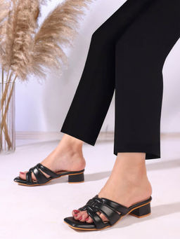 Carlton London - Women Knotted Strap Black Block Sandal Heels