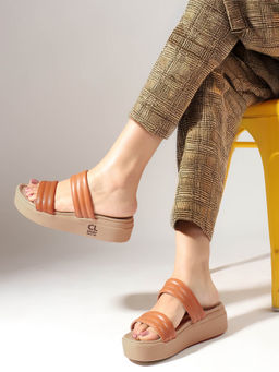 Carlton London - Tan Striped Platform Heel Casual Women Sandals