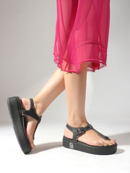 Carlton London - Black Solid Platform Heel Casual Women Sandals