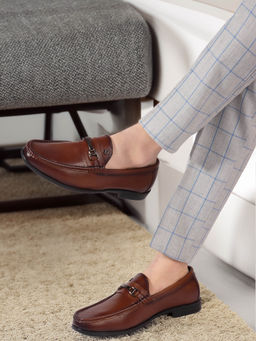 Carlton London - Men Classic Leather Slip-On Tan Loafers with Buckle