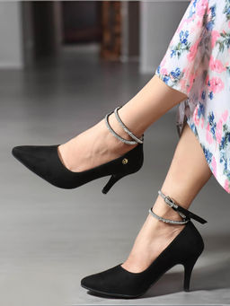 ELLE - Women Elegant Black Ankle Strap Heels Classic Pointed Toe Pumps