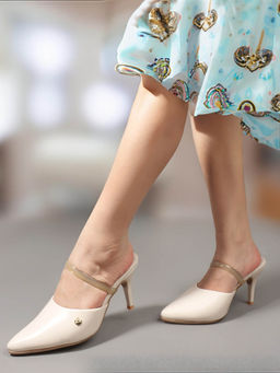 ELLE - Women Chic Cream Pointed Toe Mules with Ankle Strap Elegant Heels