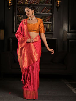 EXCLUSIVA - Pink Soft Satin Silk Banarasi Saree with Unstitched Blouse