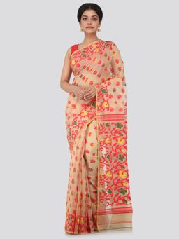 PinkLoom - Women's Soft Cotton Jamdani Saree Without Blouse Piece,Beige