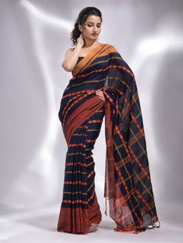 CHARUKRITI - Navy Blue Pure Cotton Handwoven Geometric Designs Saree with Unstitched Blouse
