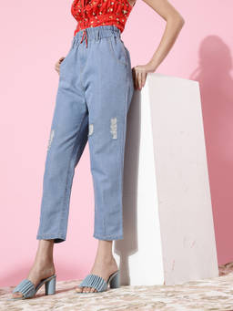 DOLCE CRUDO - Light Blue Mom's Jean High Rise Mild Distress Regular Stretchable Denim Jeans