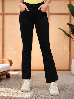 DOLCE CRUDO - Womens Black Bootcut High rise Clean look Stretchable Denim Jeans
