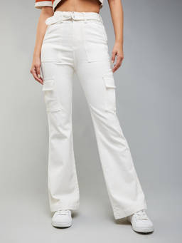 DOLCE CRUDO - White Wide Leg High Rise Clean Look Regular Stretchable Denim Jeans