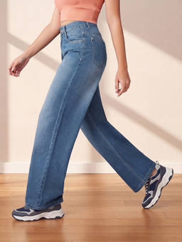 DOLCE CRUDO - Blue Solid/Plain Wide Jeans