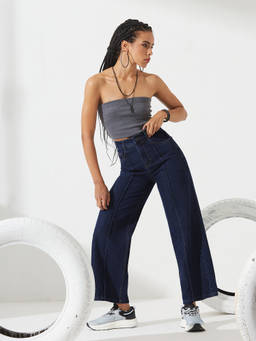 DOLCE CRUDO - Blue Denim Straight Leg Mid Waist Solid/Plain Jeans