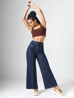 DOLCE CRUDO - Blue Denim Wide Leg Mid Waist Solid/Plain Jeans