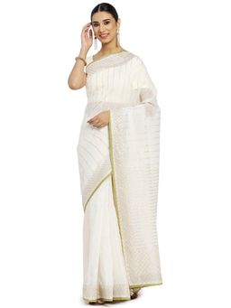 Fabindia - Cotton Silk Embellished Saree without Blouse - Off White