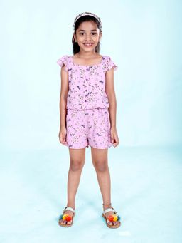KiddoPanti - Girls Cotton Frill Sleeves Floral Printed Playsuit