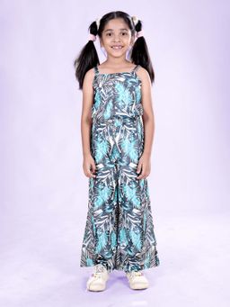 KiddoPanti - Girls Sleeveless Tropical Leaf Printed Waist Cut Out Jumpsuit