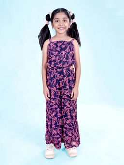 KiddoPanti - Girls Sleeveless Botanical Printed Waist Cut Out Jumpsuit