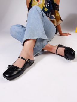 The White Pole - Black Sandals with Bow and Embellished Buckle for Women